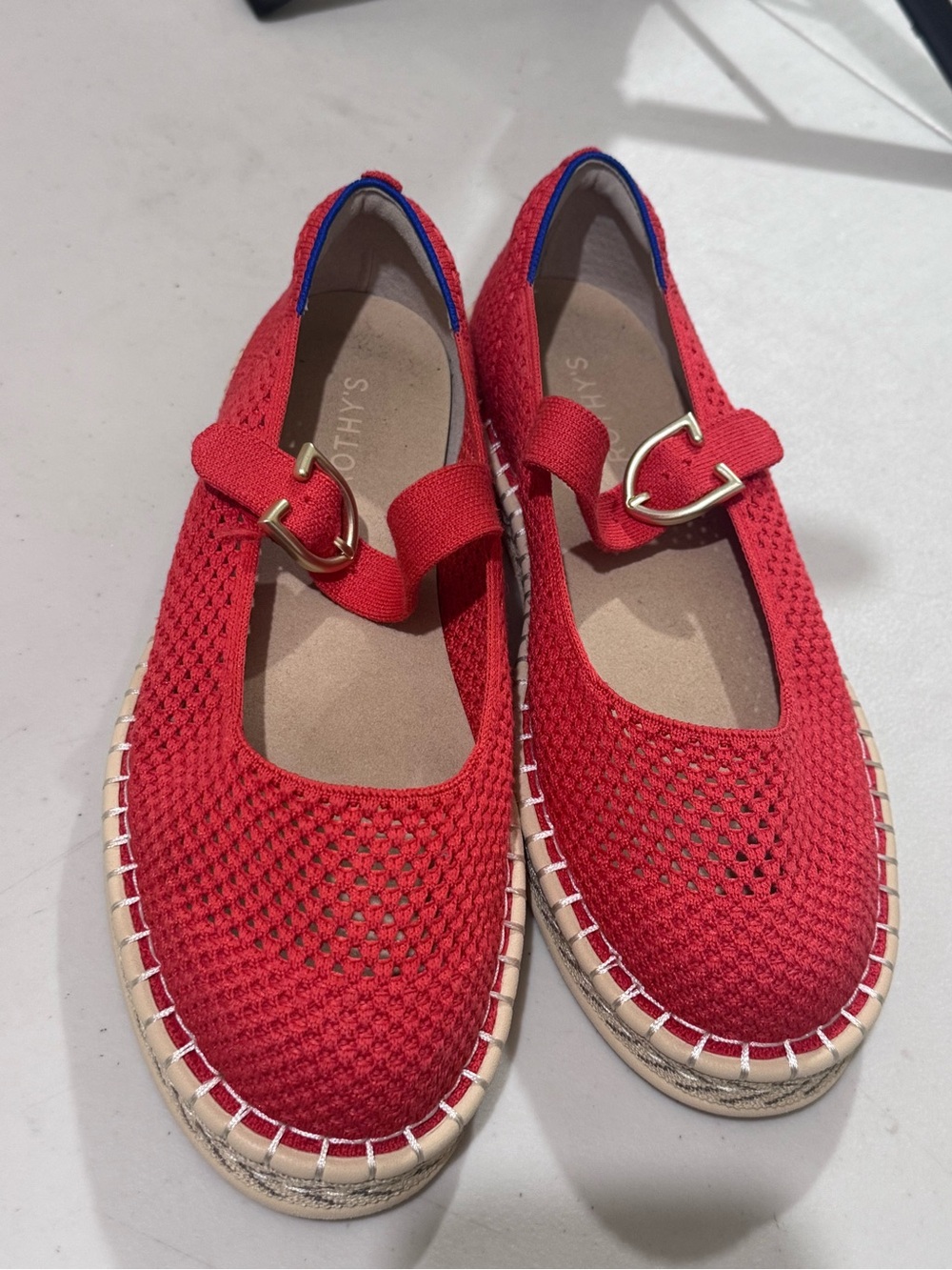 Rothy's Red Knit Mary Jane Flats with Gold Buckles